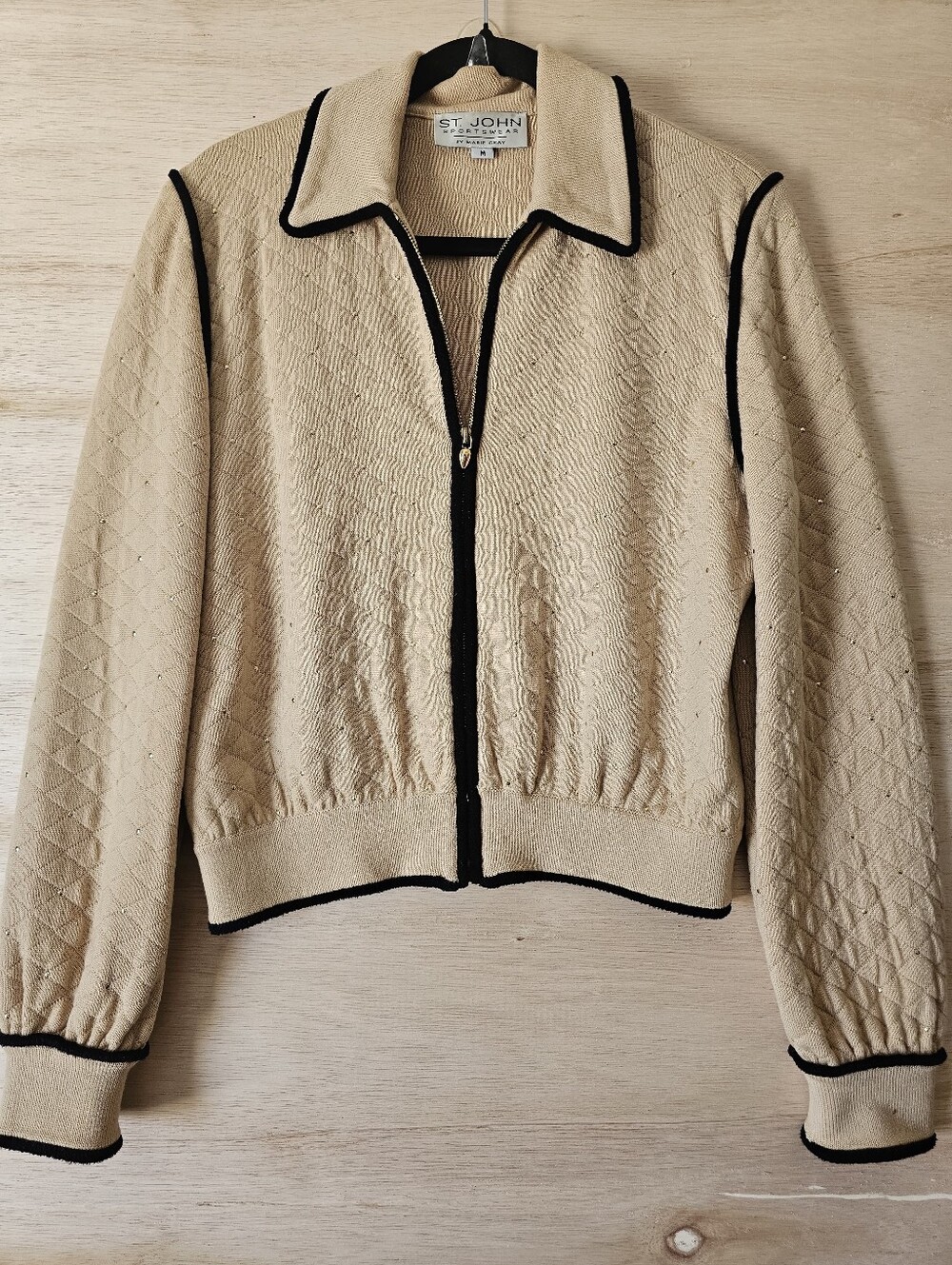 Vintage St. John Sportswear Cream Zip Cardigan Sweater Gold Accents Medium